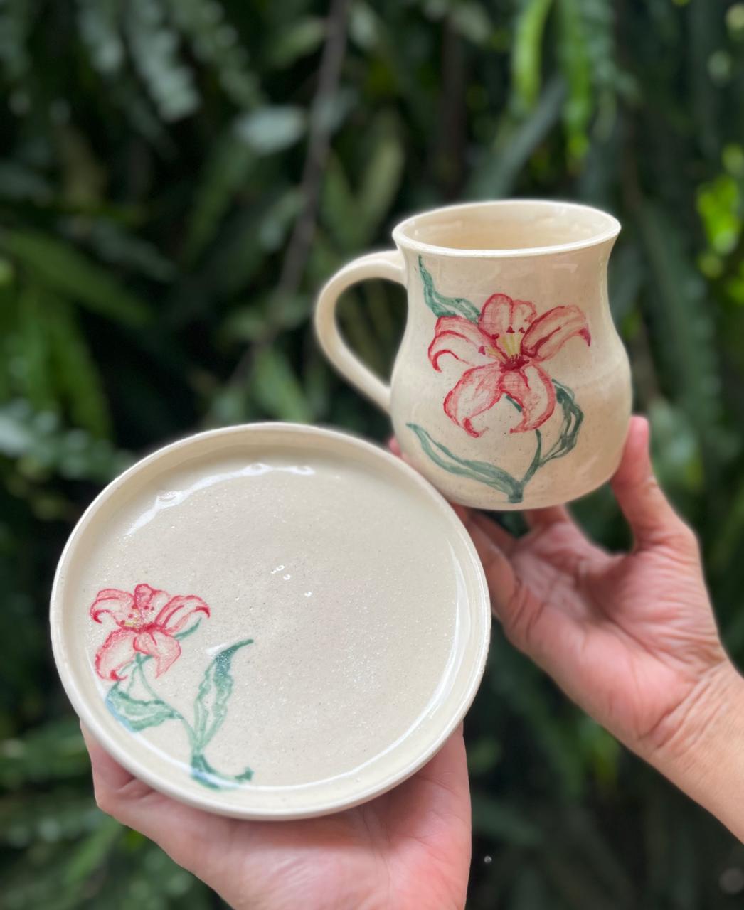 Hand-Painted Ceramic Mug & Cookies Plate Set