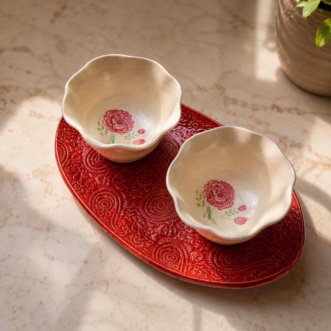 The Rose & Paisley Celebration Gift Set - Handmade Ceramic Serving Tray & Hand-Painted Bowls Set