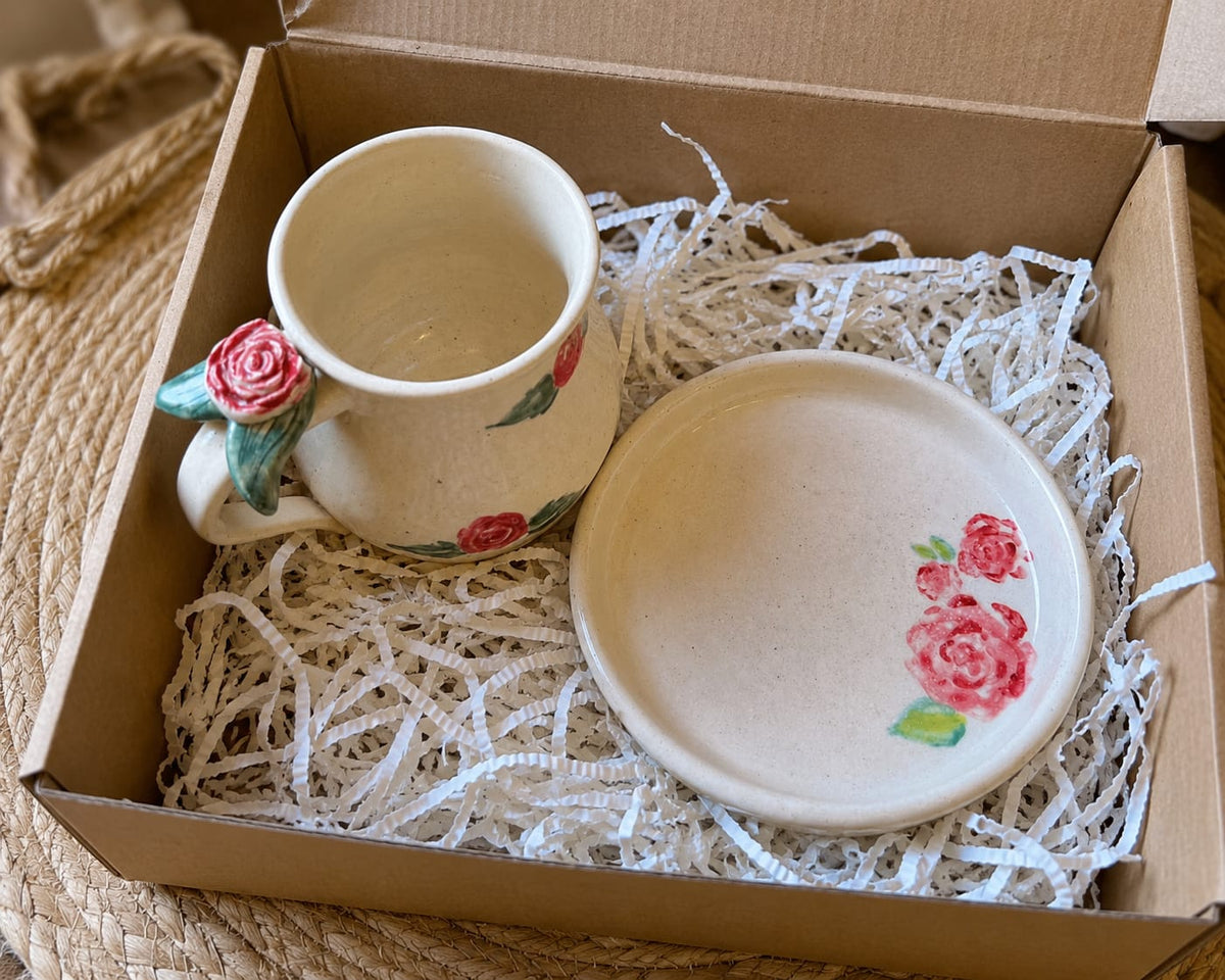 Love In Bloom Love - Hand Painted Rose Mug & Cookie Plate Set.