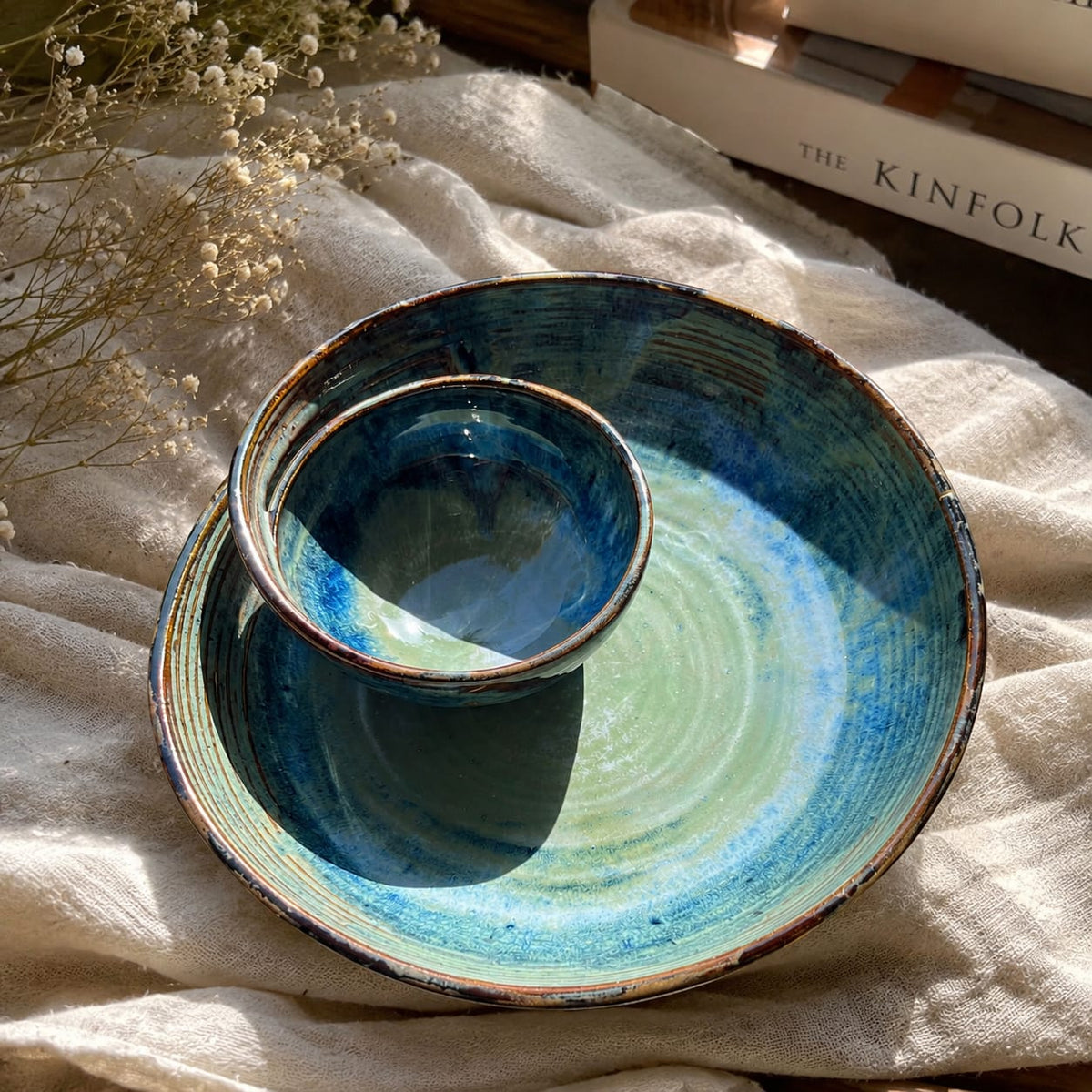 Handcrafted Ceramic Ocean Swirl Chip & Dip Bowl - Artisan Serving Bowl for Snacks & Dips.