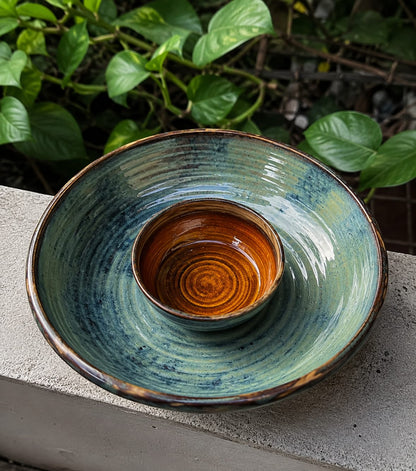 Handmade Artisan Chip & Dip Serving Set - Premium Ceramic Platter & Dip Bowl