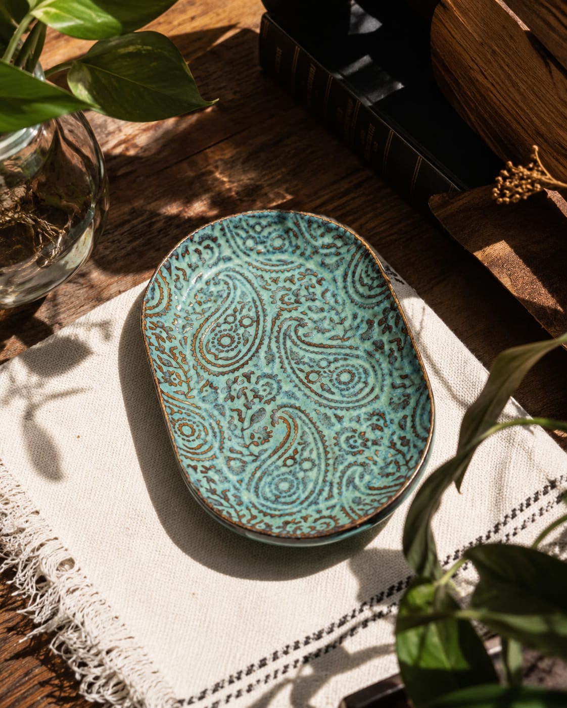 Handmade Embossed Paisley Ceramic Trinket Dish - Artisan Jewelry &Keepsake Tray.