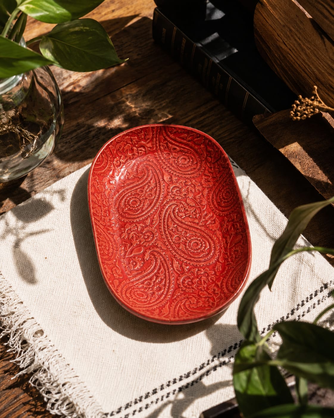 Handmade Embossed Paisley Ceramic Trinket Dish - Artisan Jewelry & Keepsake Tray.