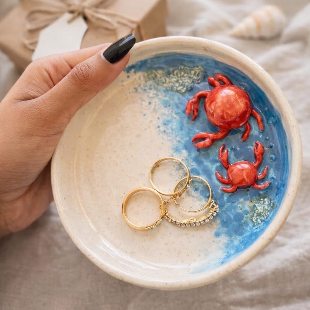 Handmade Sea Crab Keepsake Dish - Coastal Ceramic Jewellery Dish.