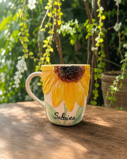 Handcrafted Sunflower Ceramic Mug | Personalized Floral Coffee Cup Made for Everyday Moments.