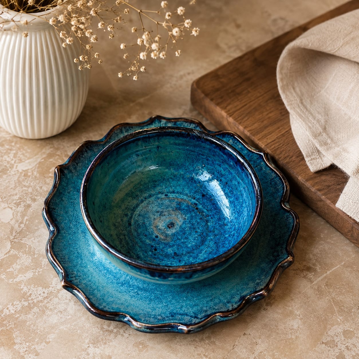 Handcrafted Ceramic Serving Bowl & Plate Set - Artisan Dinnerware.