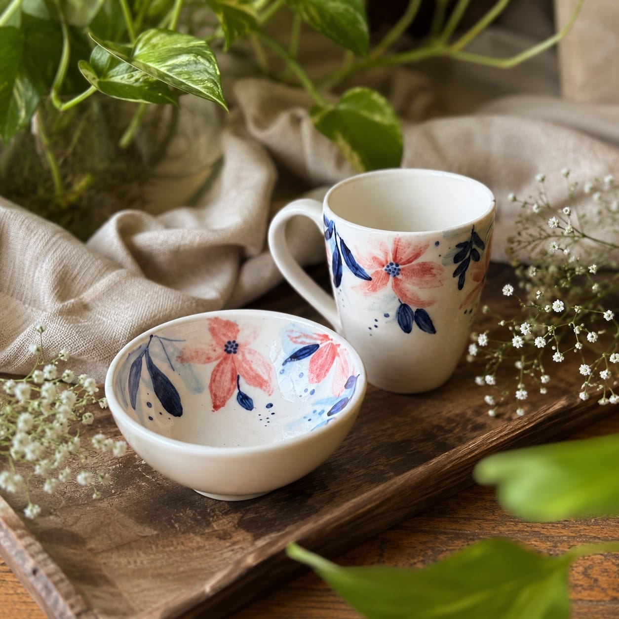 Hand-Painted Ceramic Mug & Bowl Set - Handmade Artisan Pottery