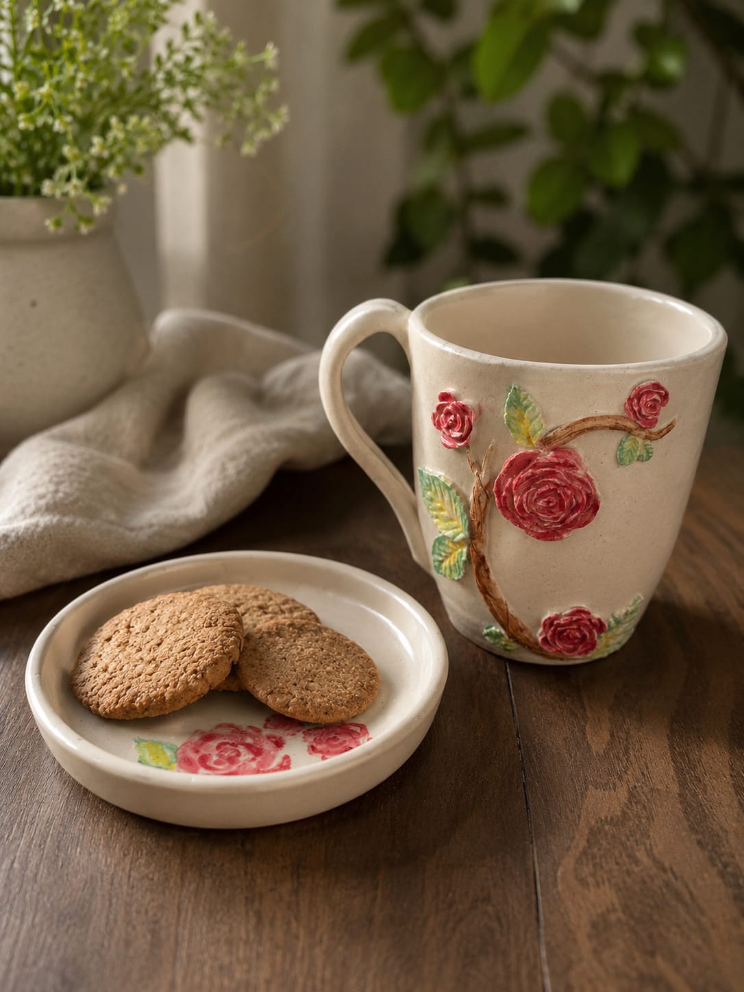 Handmade Rose Mug & Cookie Plate Gift Set.