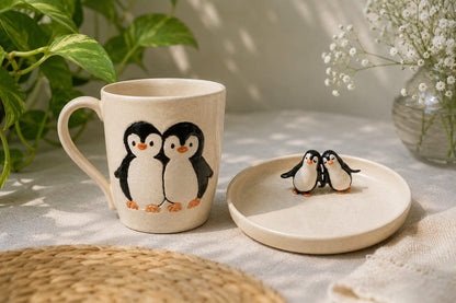 Handcrafted penguine mug & cookie plate set