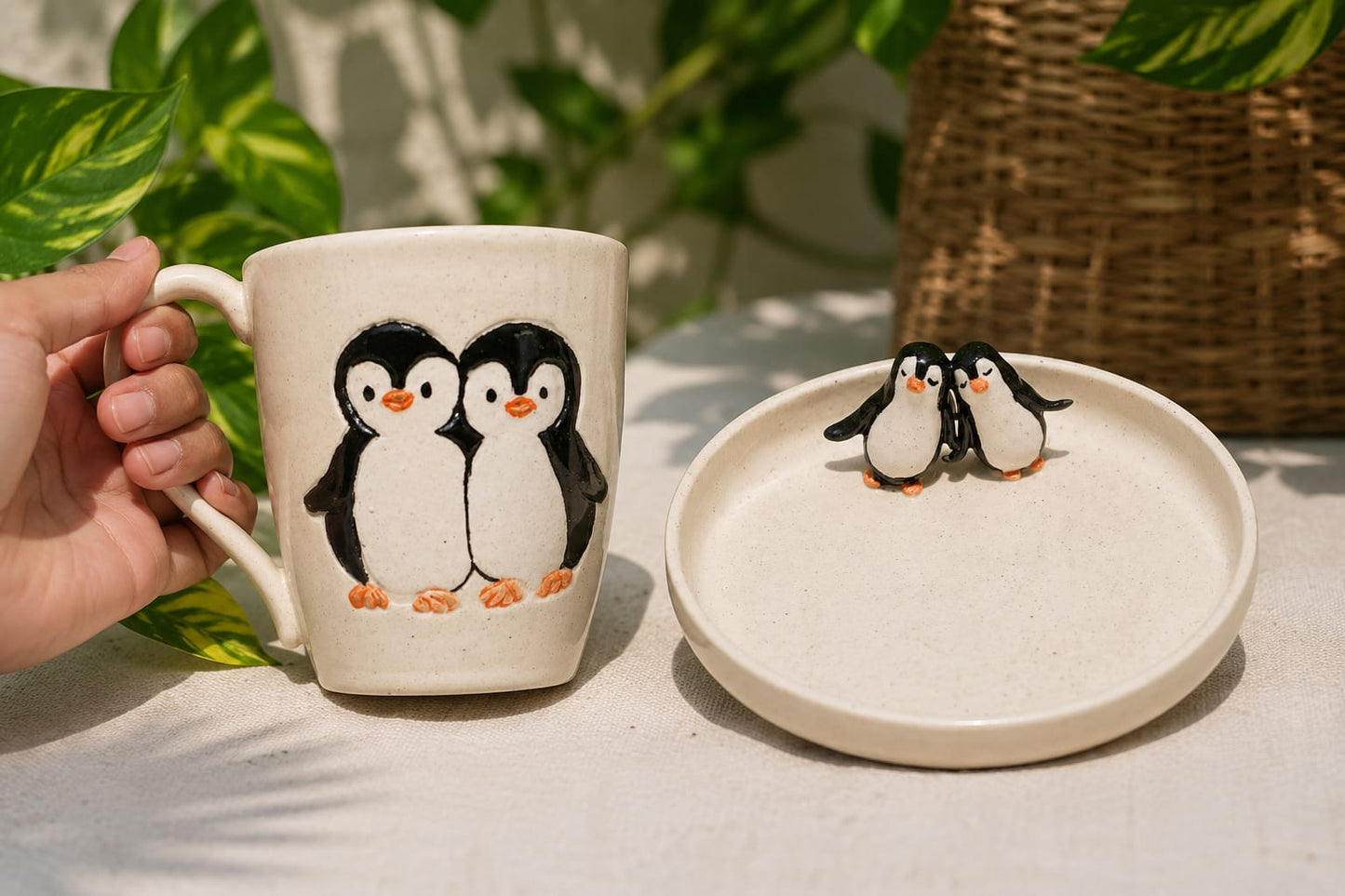 Handcrafted penguine mug & cookie plate set