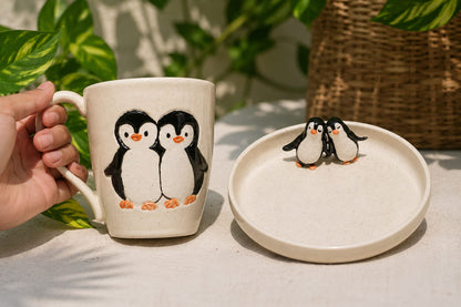 Handcrafted penguine mug & cookie plate set