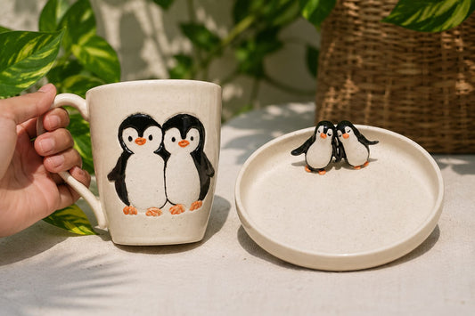 Handcrafted penguine mug & cookie plate set