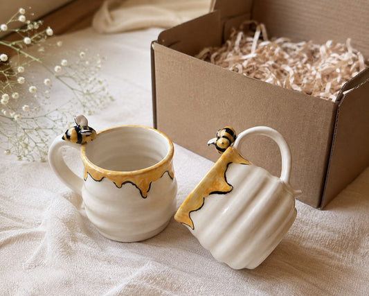 Handmade Bumble Bee Mug Set - Artisan Pottery Coffee & Tea Cup.