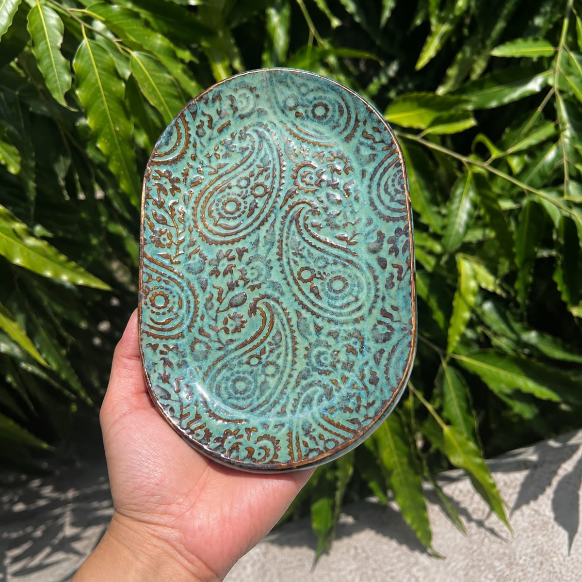 Handmade Embossed Paisley Ceramic Trinket Dish - Artisan Jewelry & Keepsake Tray.