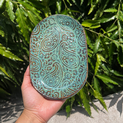 Handmade Embossed Paisley Ceramic Trinket Dish - Artisan Jewelry & Keepsake Tray.