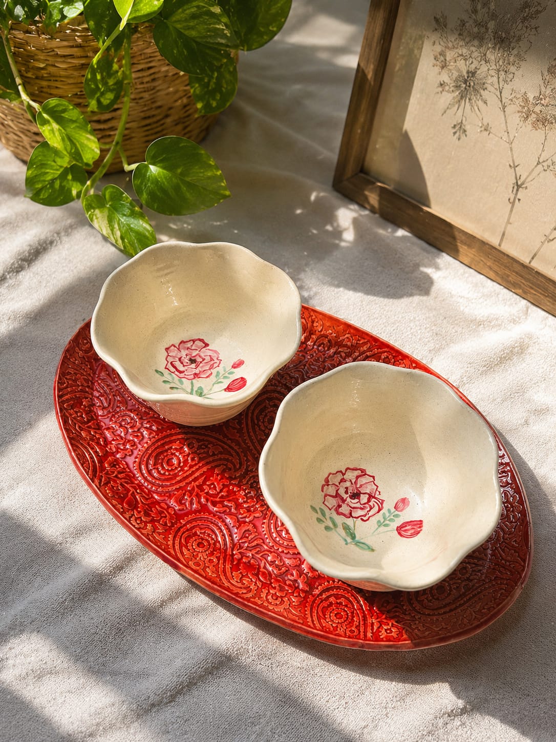 The Rose & Paisley Celebration Gift Set - Handmade Ceramic Serving Tray & Hand-Painted Bowls Set