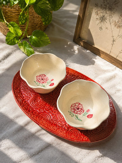 The Rose & Paisley Celebration Gift Set - Handmade Ceramic Serving Tray & Hand-Painted Bowls Set