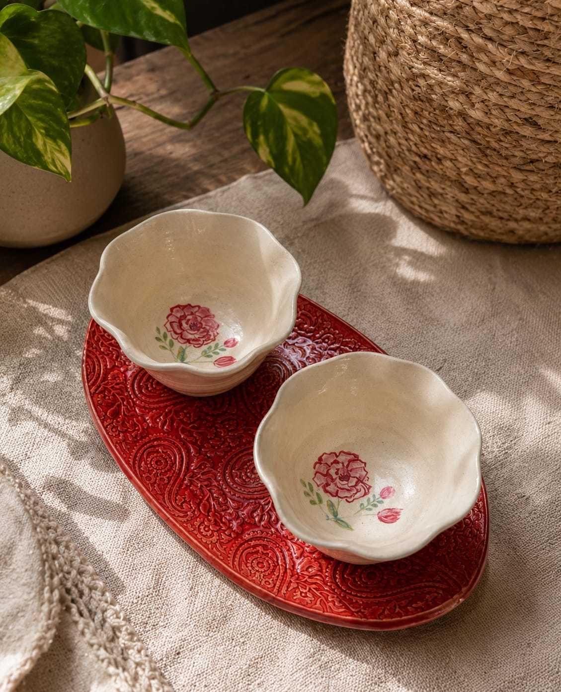 The Rose & Paisley Celebration Gift Set - Handmade Ceramic Serving Tray & Hand-Painted Bowls Set