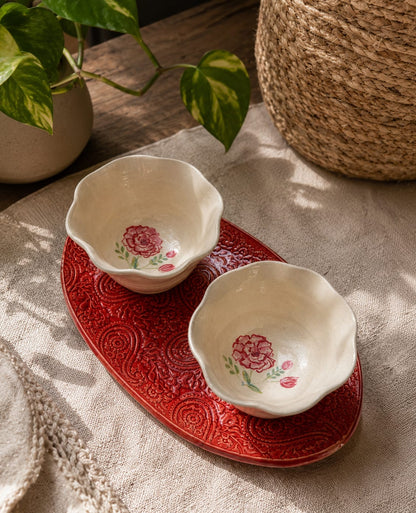 The Rose & Paisley Celebration Gift Set - Handmade Ceramic Serving Tray & Hand-Painted Bowls Set