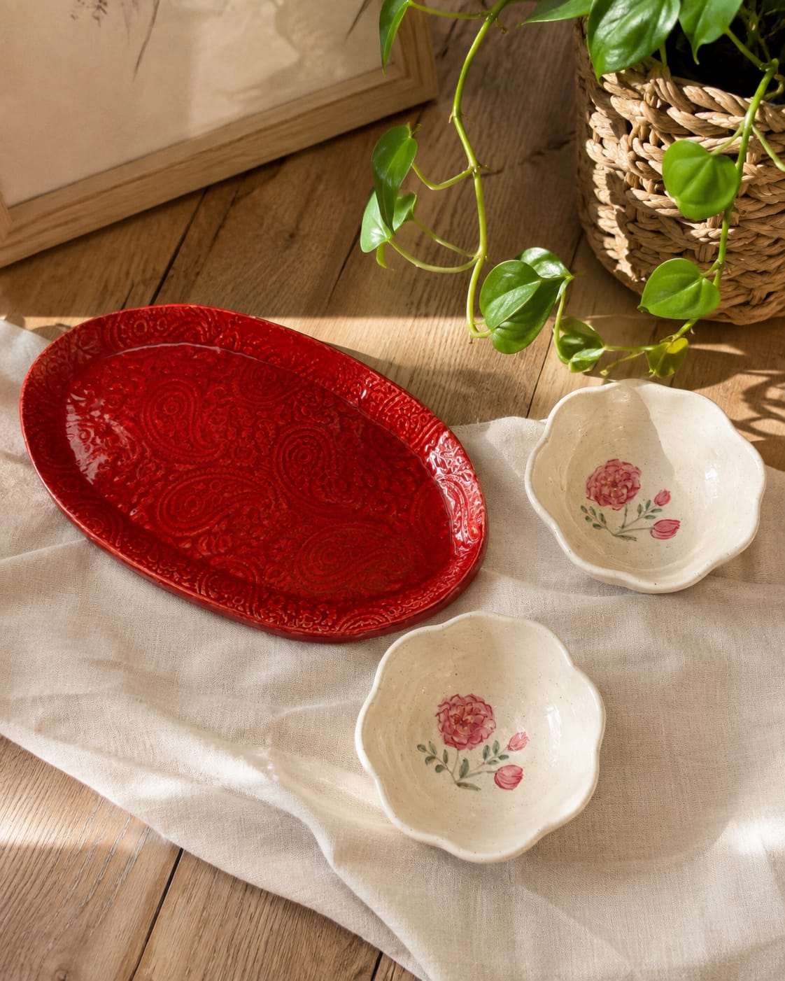 The Rose & Paisley Celebration Gift Set - Handmade Ceramic Serving Tray & Hand-Painted Bowls Set