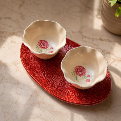 The Rose & Paisley Celebration Gift Set - Handmade Ceramic Serving Tray & Hand-Painted Bowls Set