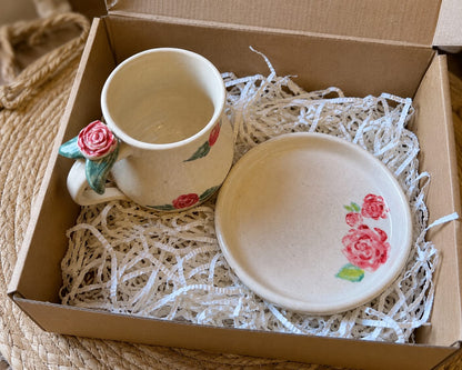 Love In Bloom Love - Hand Painted Rose Mug & Cookie Plate Set.
