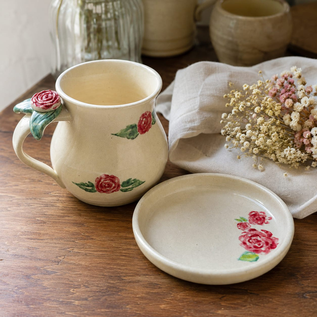 Love In Bloom Love - Hand Painted Rose Mug & Cookie Plate Set.