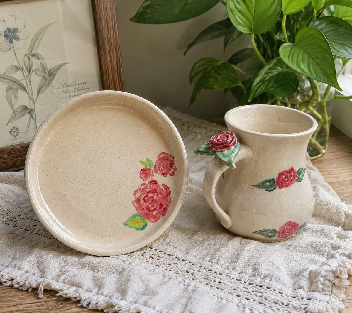 Love In Bloom Love - Hand Painted Rose Mug & Cookie Plate Set.