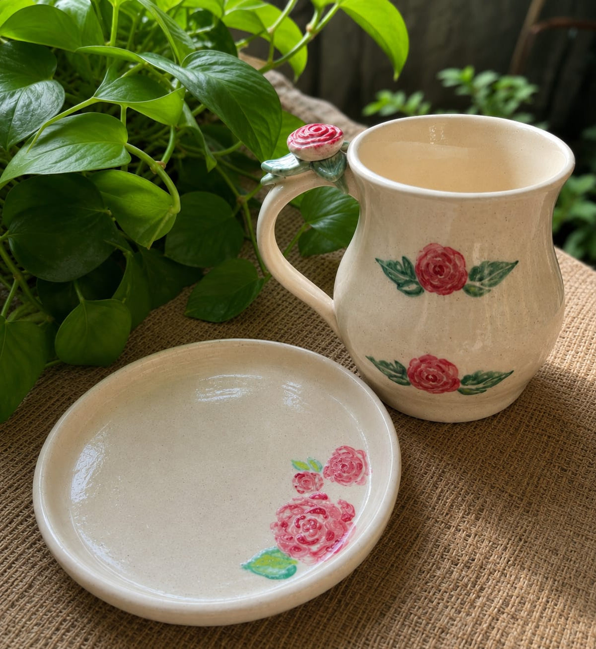 Love In Bloom Love - Hand Painted Rose Mug & Cookie Plate Set.