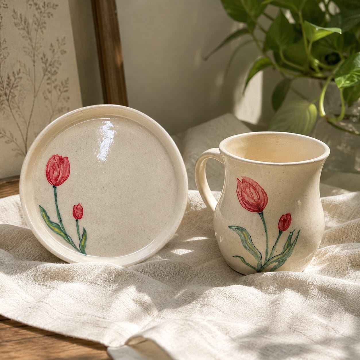 Handmade Tulip Ceramic Mug & Cookie Plate Set - Hand-Painted Artisan Pottery Coffee & Tea Gift Set.