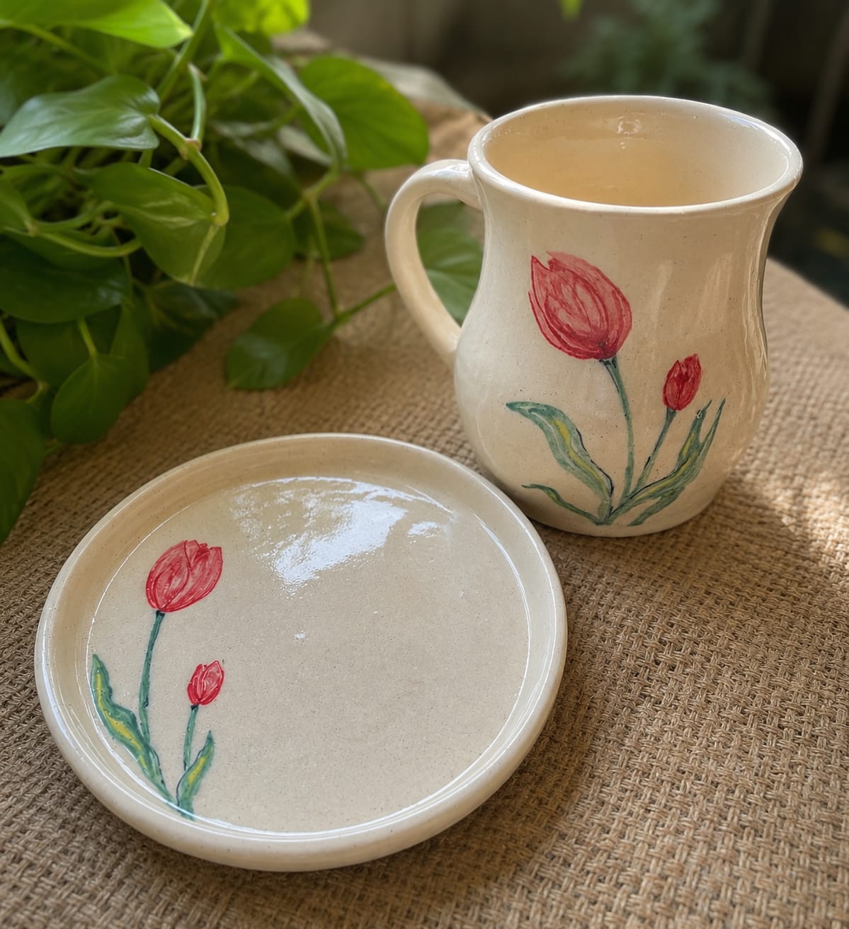 Hand-Painted Ceramic Tulip Mug & Cookies Plate Set