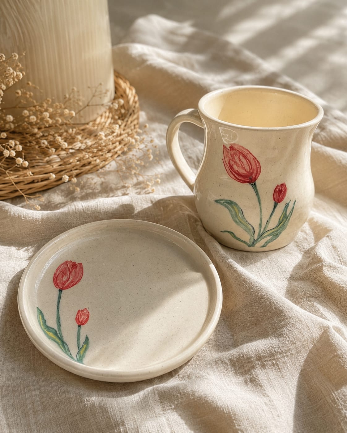 Hand-Painted Ceramic Tulip Mug & Cookies Plate Set