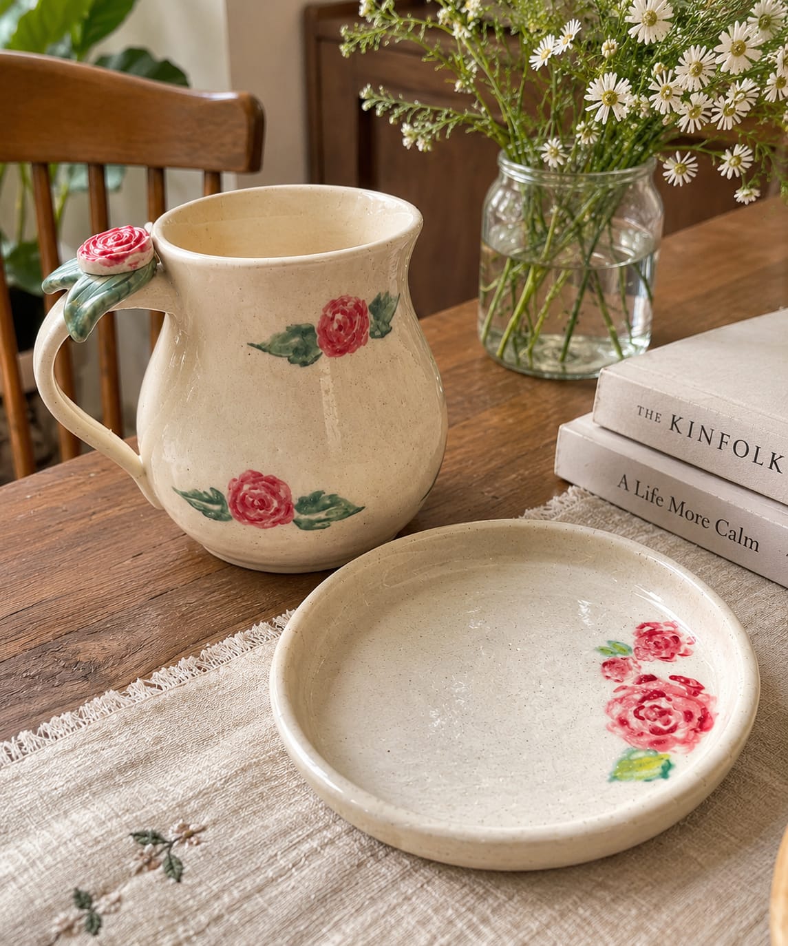 Handmade Tulip Ceramic Mug & Cookie Plate Set - Hand-Painted Artisan Pottery Coffee & Tea Gift Set.