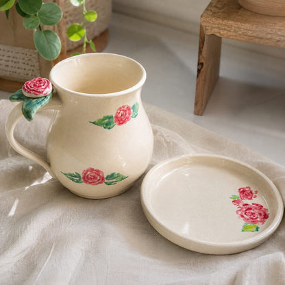 Handmade Tulip Ceramic Mug & Cookie Plate Set - Hand-Painted Artisan Pottery Coffee & Tea Gift Set.